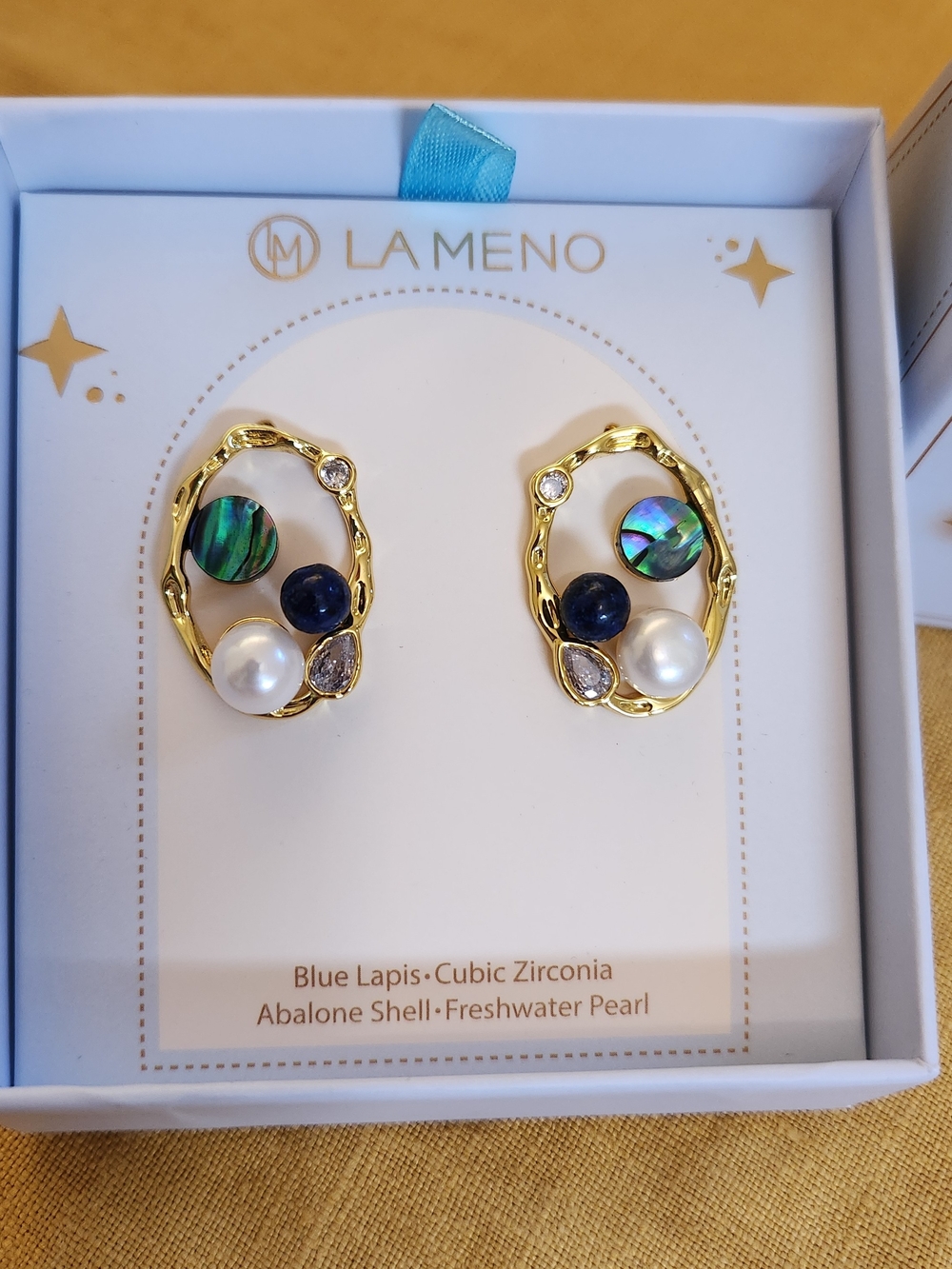 NEW. Gold-Plated Earrings with Abalone, Blue Lapis & Pearl